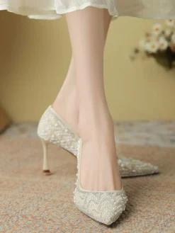 Clearance Retro Stage Rhinestone Pearl Pointed Toe Stilettos Shoes Beige