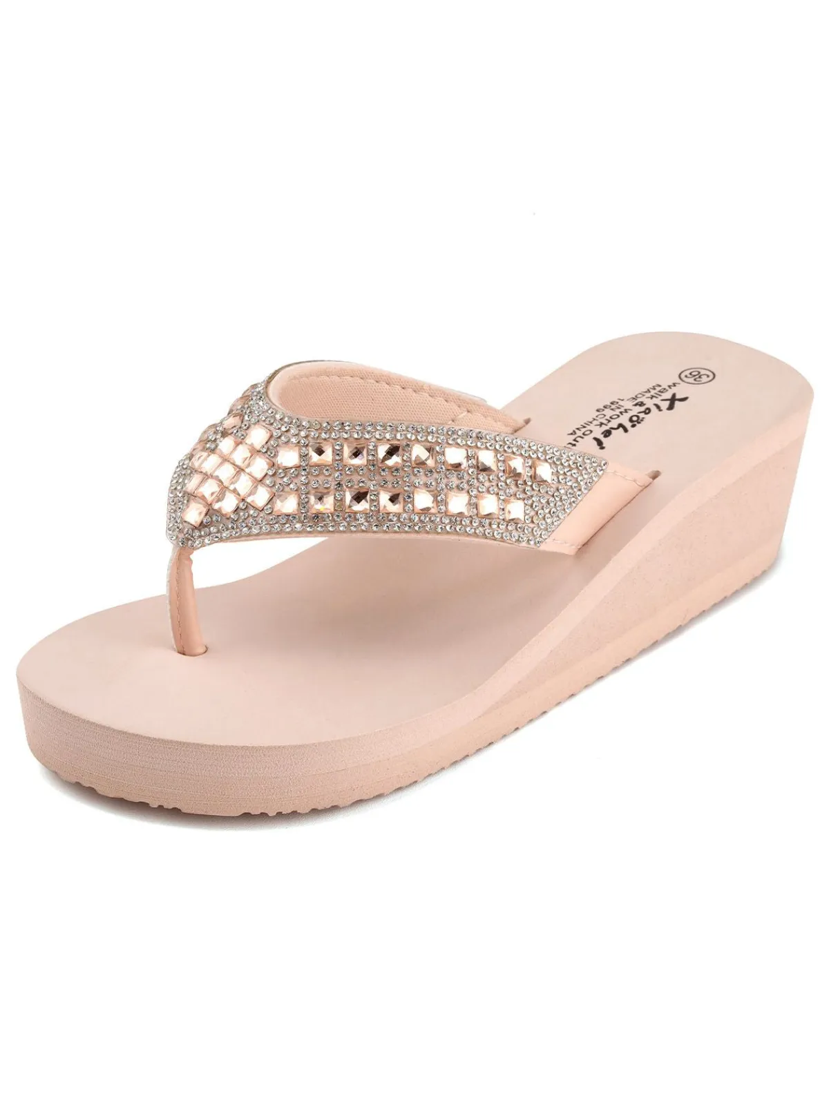 Outlet Retro Stage Rhinestone Wedge Flip Flop Slippers Pale Pink