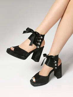 New Retro Stage Ribbon Bow Lace-Up Chunky Heel Sandals