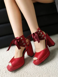 New Retro Stage Ribbon Bow Lace-Up Chunky Heel Sandals