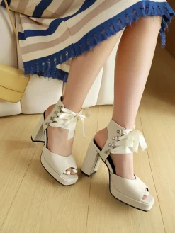 New Retro Stage Ribbon Bow Lace-Up Chunky Heel Sandals