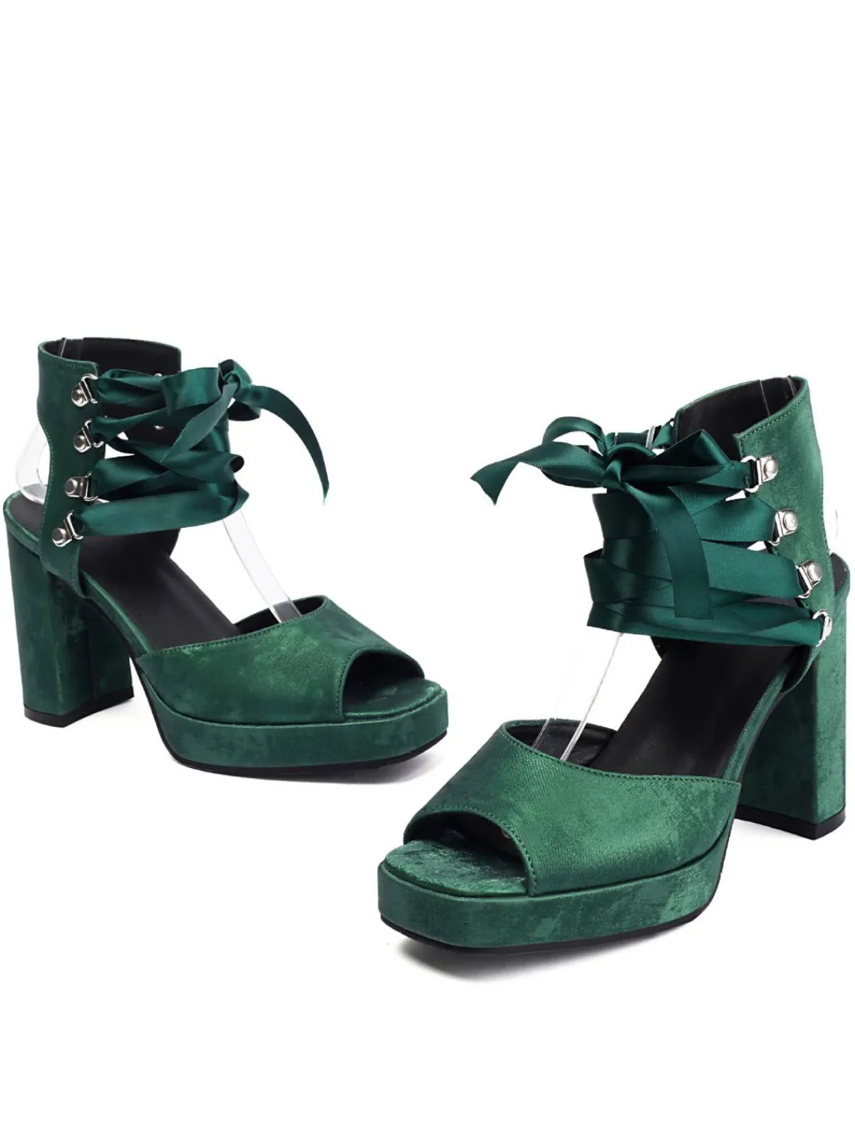 New Retro Stage Ribbon Bow Lace-Up Chunky Heel Sandals
