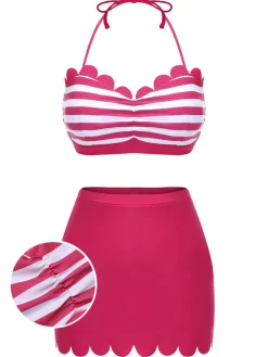 New Retro Stage 1960s Stripes Halter Bikini Set Rose Pink