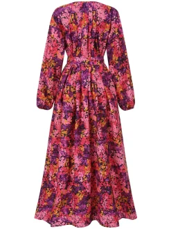 Hot Retro Stage 1930s Boho Style Belted Floral Dress Rose Red