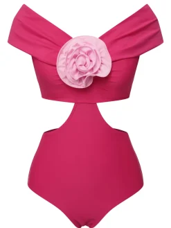 Discount Retro Stage 1930s 3D Rose Off Shoulder Swimsuit Rose Red