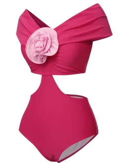 Discount Retro Stage 1930s 3D Rose Off Shoulder Swimsuit Rose Red
