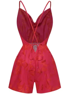 Clearance Retro Stage 1950s Floral Backless Romper Rose Red
