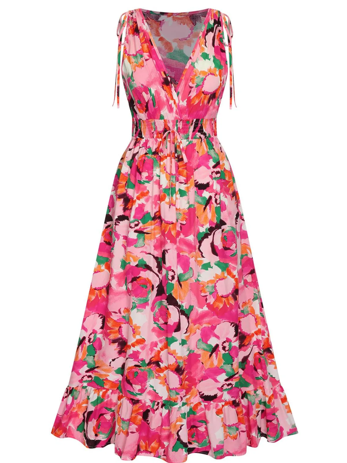 New Retro Stage 1940s Floral V-Neck Elastic Waist Dress Rose Red