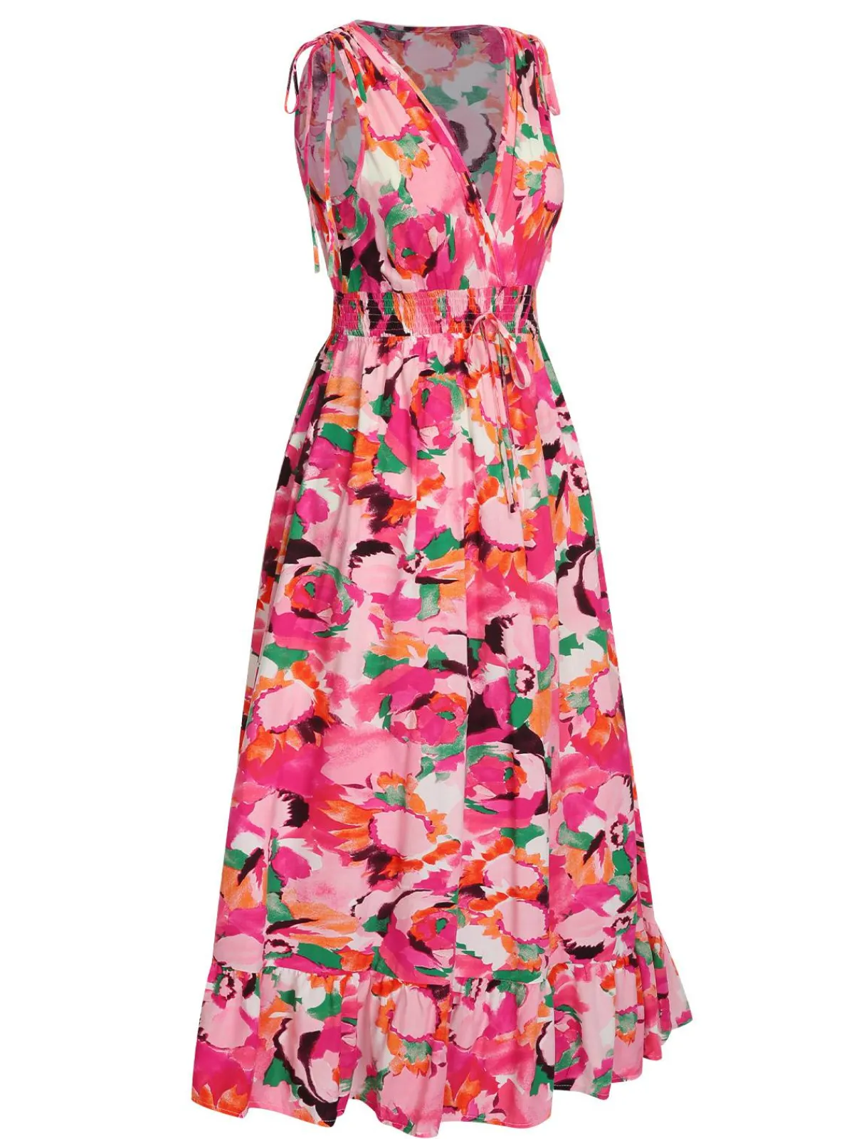 New Retro Stage 1940s Floral V-Neck Elastic Waist Dress Rose Red