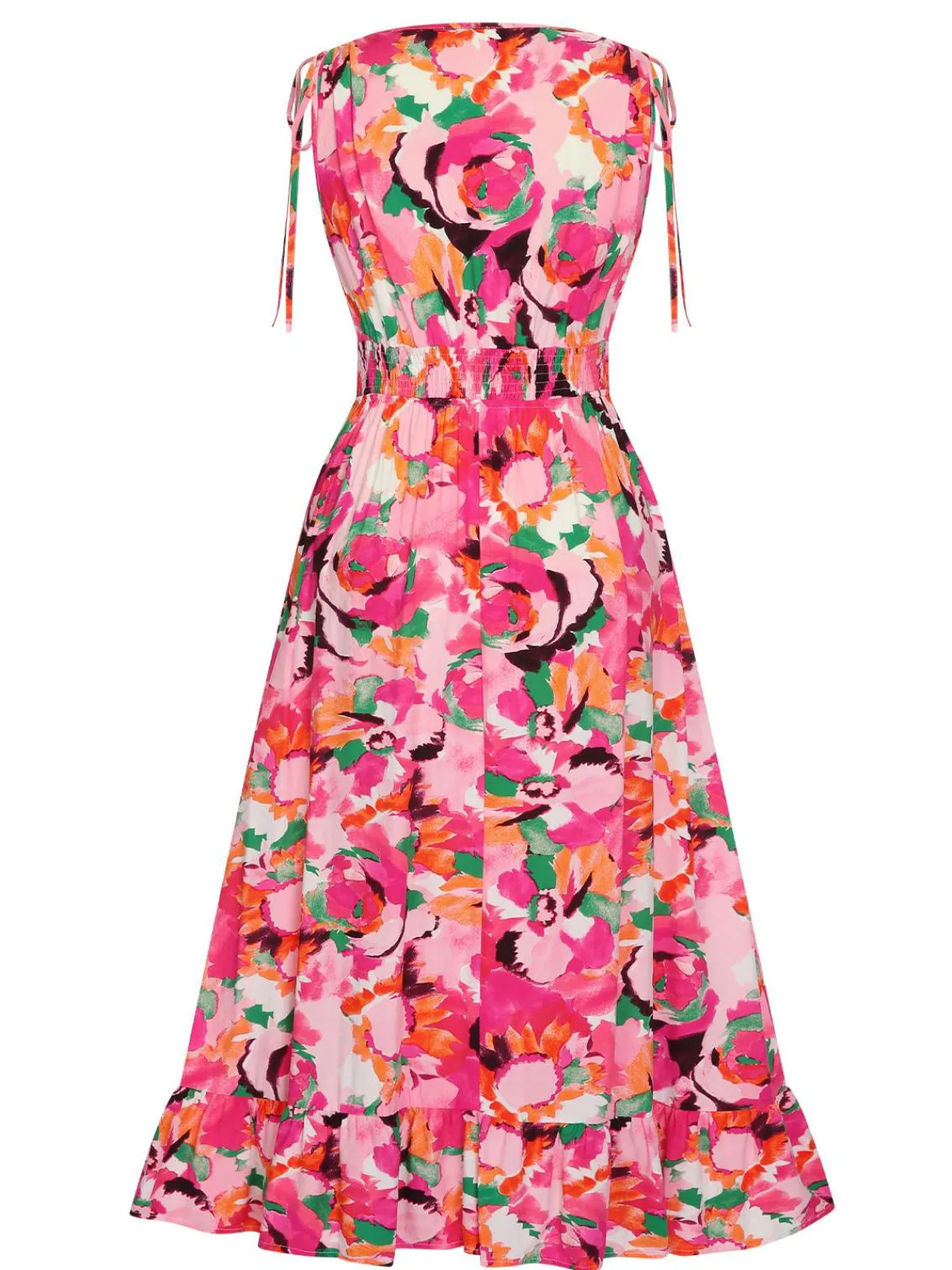 New Retro Stage 1940s Floral V-Neck Elastic Waist Dress Rose Red