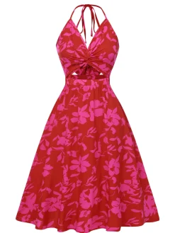 New Retro Stage 1930s Halter Hollow Floral Dress Rose Red