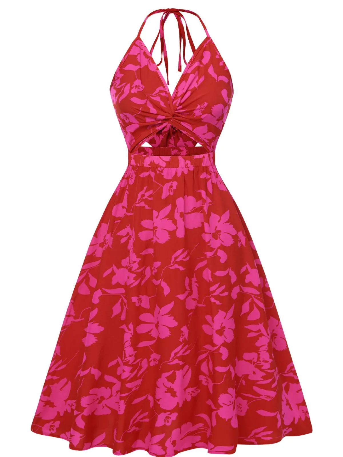 New Retro Stage 1930s Halter Hollow Floral Dress Rose Red