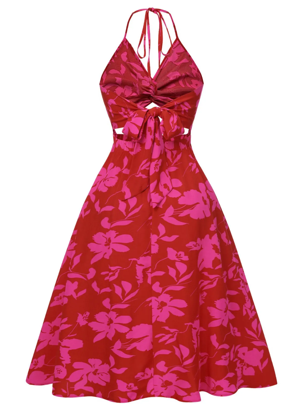 New Retro Stage 1930s Halter Hollow Floral Dress Rose Red