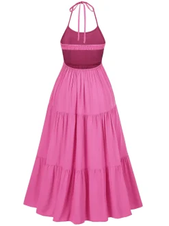 Online Retro Stage 1970s Halter Plaids Floral Dress Rose Red