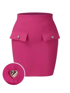 Hot Retro Stage 1970s Heart Button Pocketed Solid Skirt Rose Red