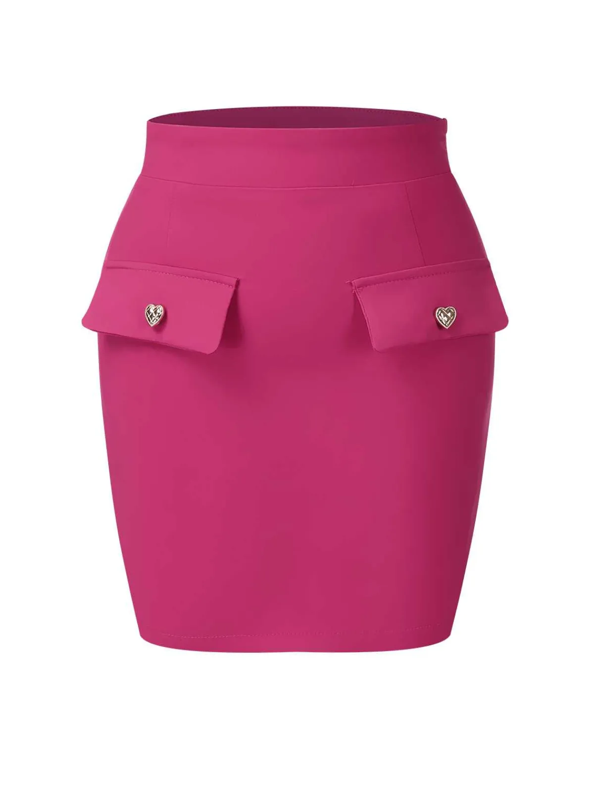 Hot Retro Stage 1970s Heart Button Pocketed Solid Skirt Rose Red