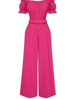 Online Retro Stage 1950s Off-Shoulder Ruffles Solid Jumpsuit Rose Red