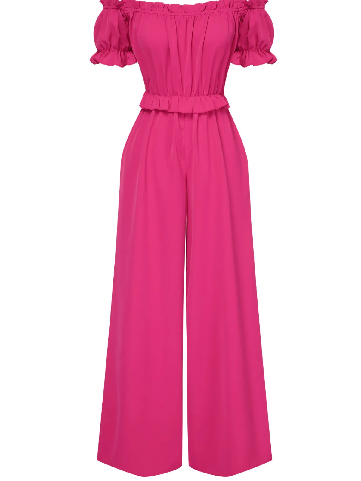 Online Retro Stage 1950s Off-Shoulder Ruffles Solid Jumpsuit Rose Red