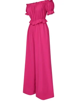 Online Retro Stage 1950s Off-Shoulder Ruffles Solid Jumpsuit Rose Red