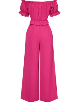 Online Retro Stage 1950s Off-Shoulder Ruffles Solid Jumpsuit Rose Red