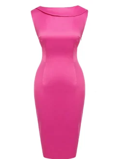 Hot Retro Stage 1960s Satin Solid Pencil Dress Rose Red