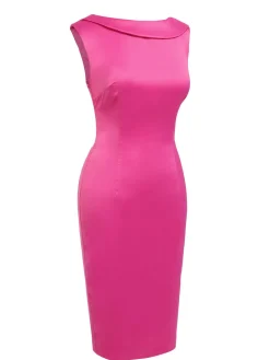 Hot Retro Stage 1960s Satin Solid Pencil Dress Rose Red
