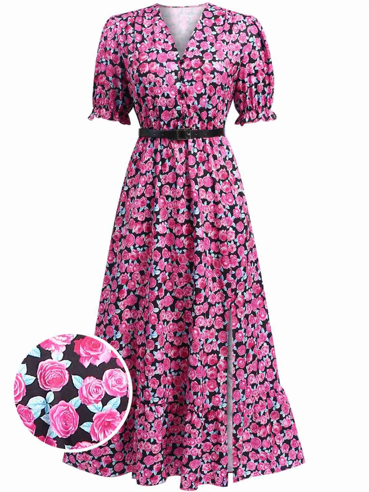 Hot Retro Stage 1940s Slit Roses V-Neck Dress Rose Red