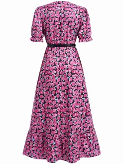 Hot Retro Stage 1940s Slit Roses V-Neck Dress Rose Red