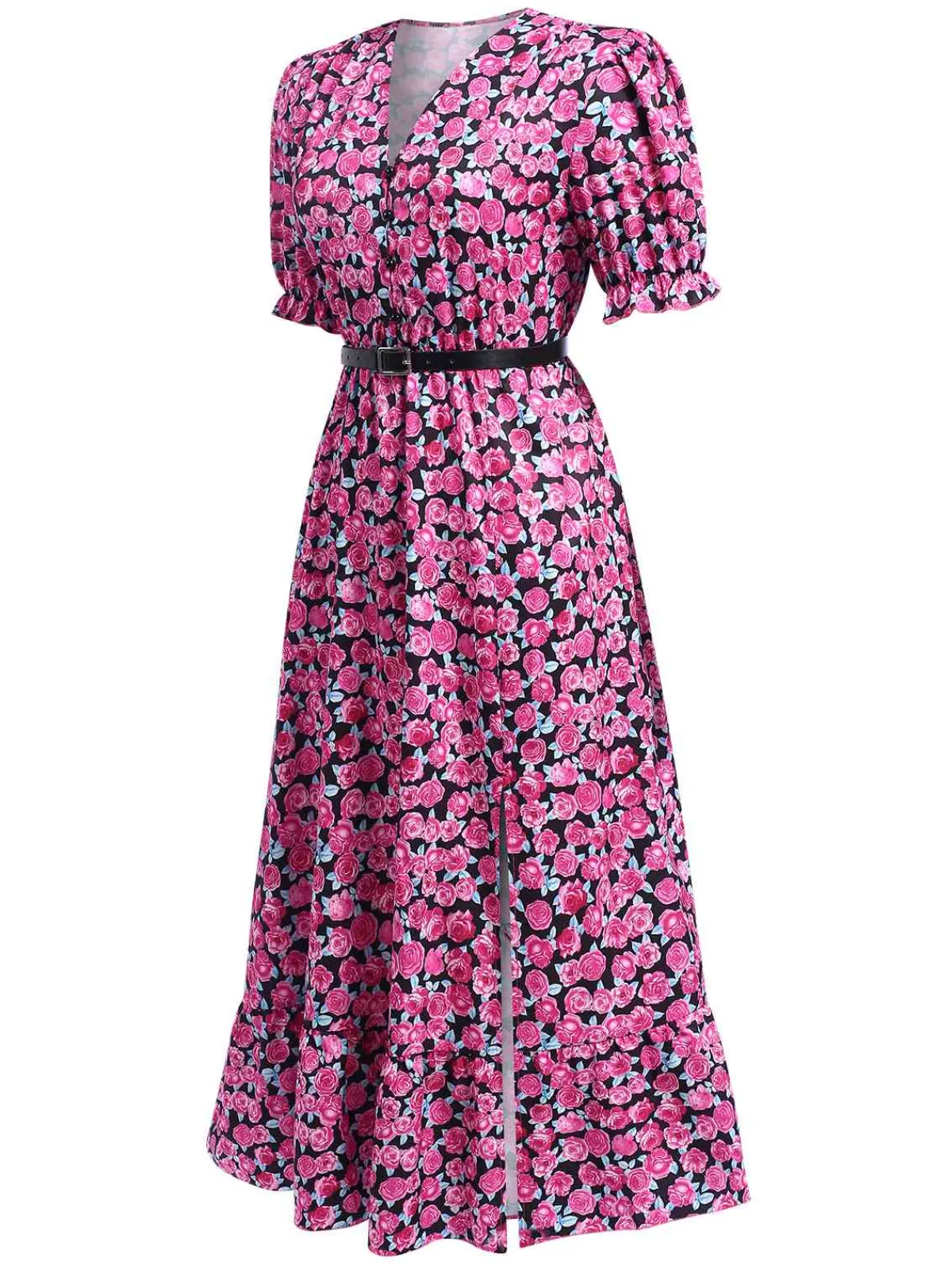 Hot Retro Stage 1940s Slit Roses V-Neck Dress Rose Red