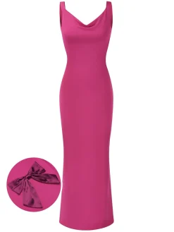 Online Retro Stage 1930s Strap Backless Bow Dress Rose Red