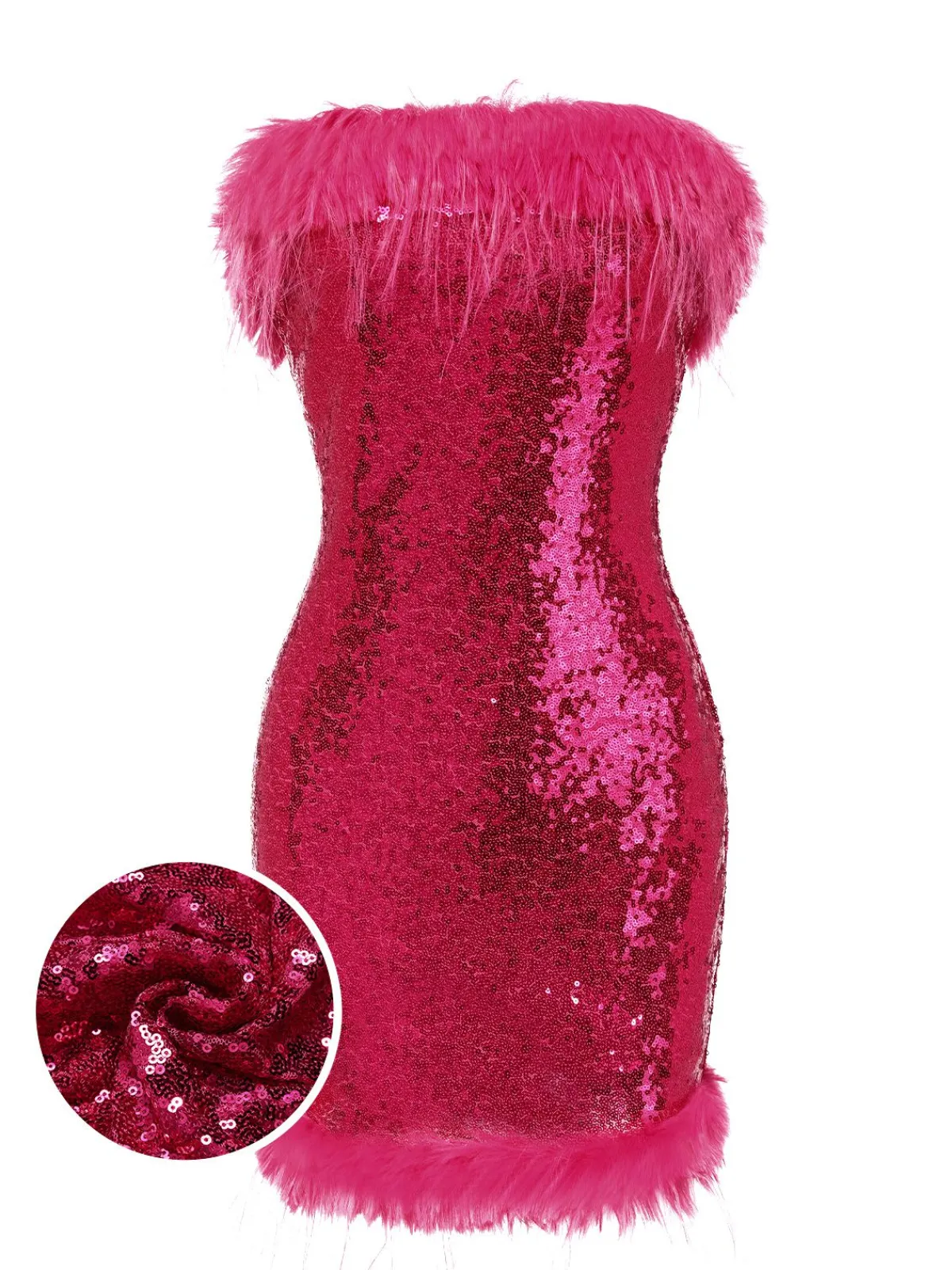Best Retro Stage 1970s Strapless Sequined Dress Rose Red