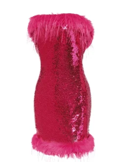 Best Retro Stage 1970s Strapless Sequined Dress Rose Red