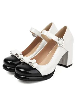 Clearance Retro Stage Round Toe Colorblock Patent Leather High Heels