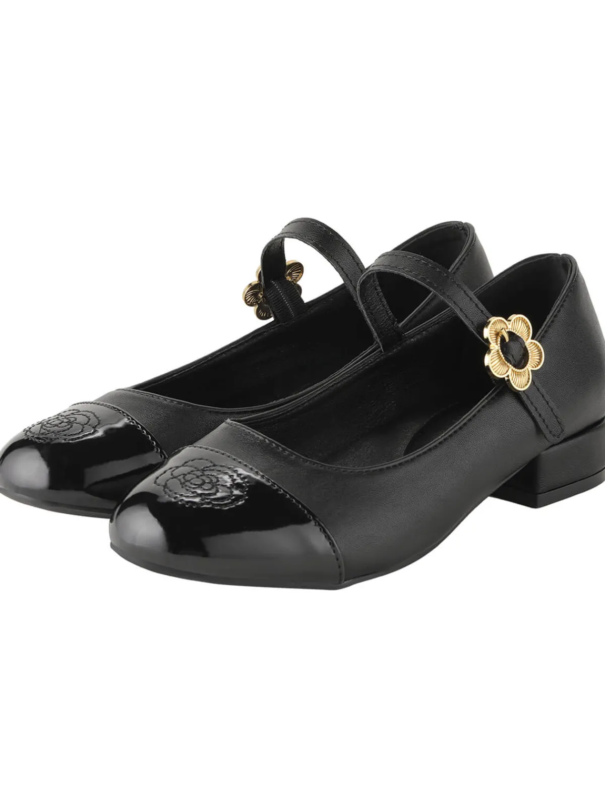 Online Retro Stage Round Toe Flower Buckled Shoes Black