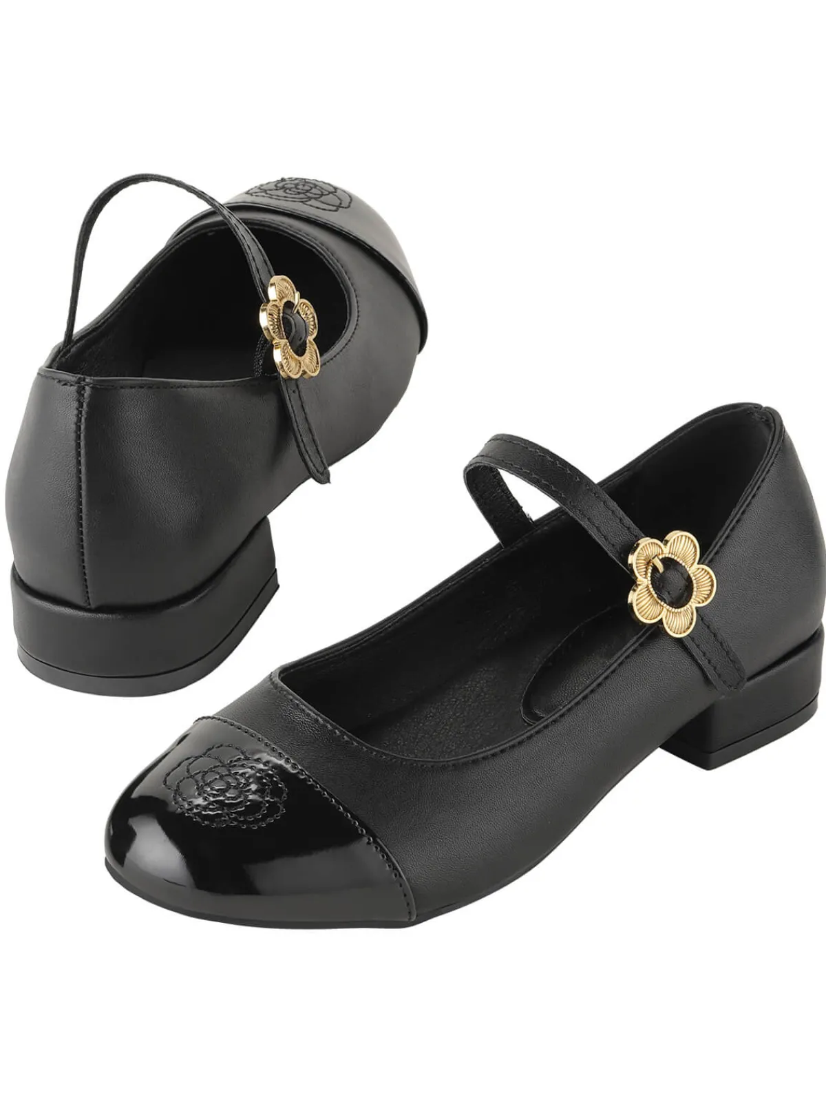 Online Retro Stage Round Toe Flower Buckled Shoes Black