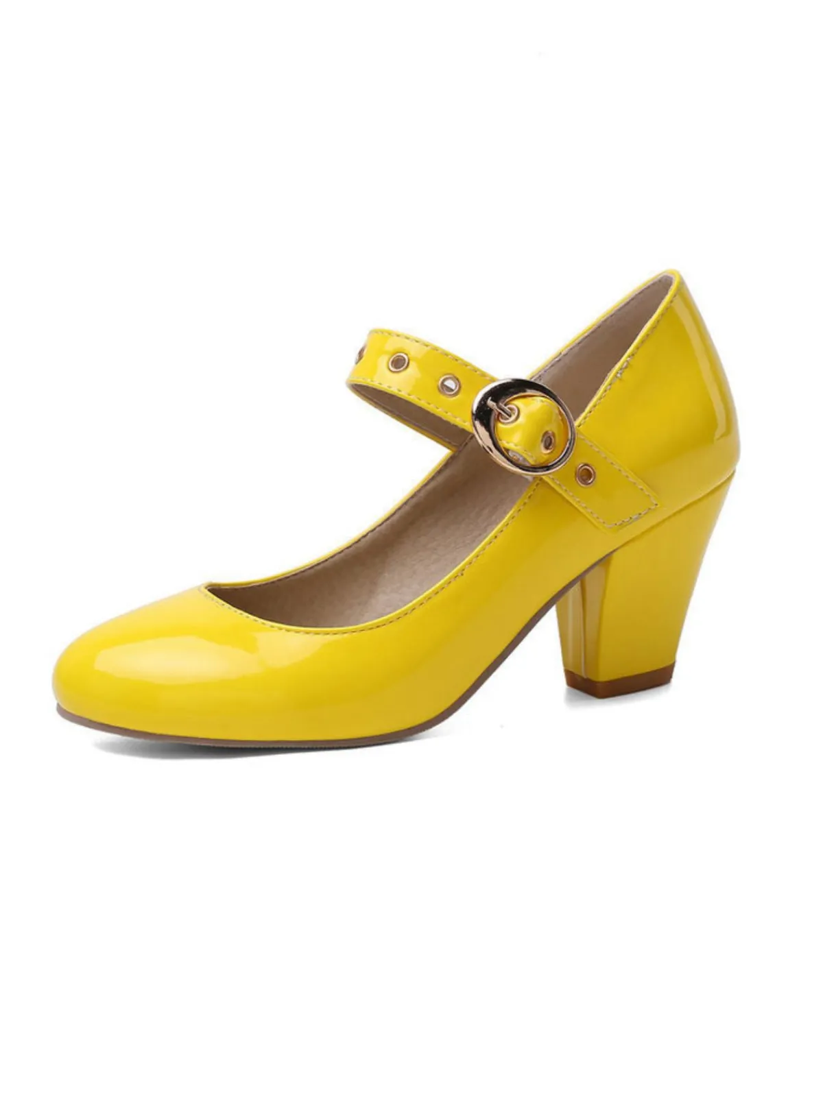 Discount Retro Stage Round Toe Patent Leather Buckle High Heels