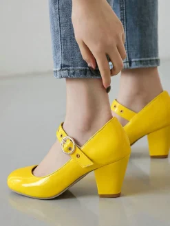 Discount Retro Stage Round Toe Patent Leather Buckle High Heels