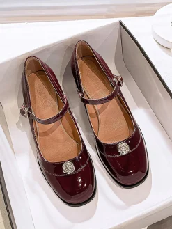Fashion Retro Stage Round Toe Patent Leather Mid-Heeled Shoes