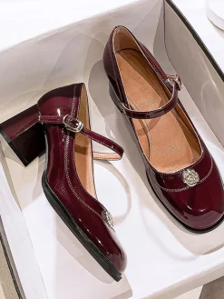 Fashion Retro Stage Round Toe Patent Leather Mid-Heeled Shoes