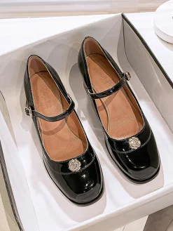 Fashion Retro Stage Round Toe Patent Leather Mid-Heeled Shoes