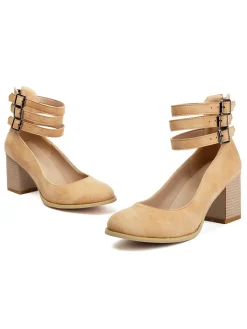 Online Retro Stage Round Toe Thick-Soled Wood-Grain Chunky Heel Shoes