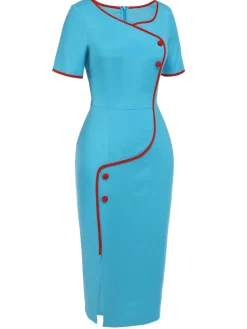 Hot Retro Stage 1960s Button Pencil Dress Royal Blue & Red