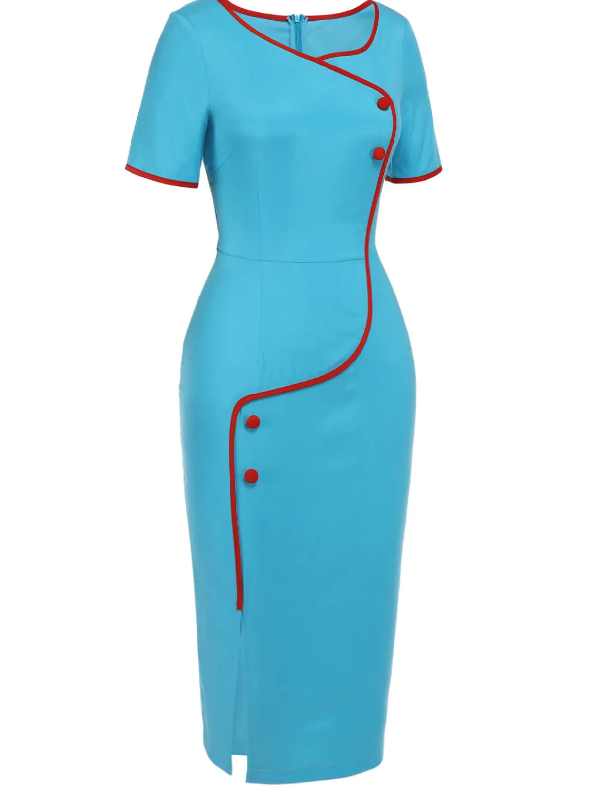 Hot Retro Stage 1960s Button Pencil Dress Royal Blue & Red
