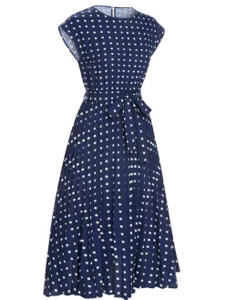 Best Retro Stage 1940s Polka Dots Belt Cap Dress Royal Blue