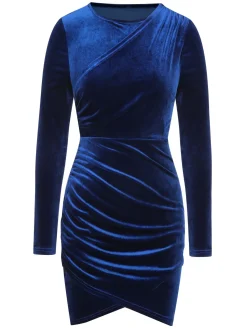 Clearance Retro Stage 1960s Solid Long Sleeve Velvet Dress Royal Blue