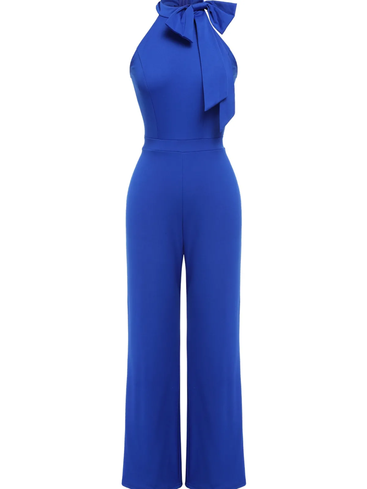 Best Retro Stage 1930s Tie Neck Jumpsuit Royal Blue