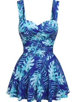 New Retro Stage 1960s Tropical Plants Swimsuit Set Royal Blue