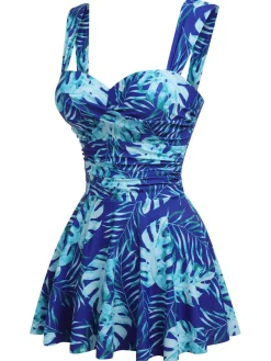 New Retro Stage 1960s Tropical Plants Swimsuit Set Royal Blue