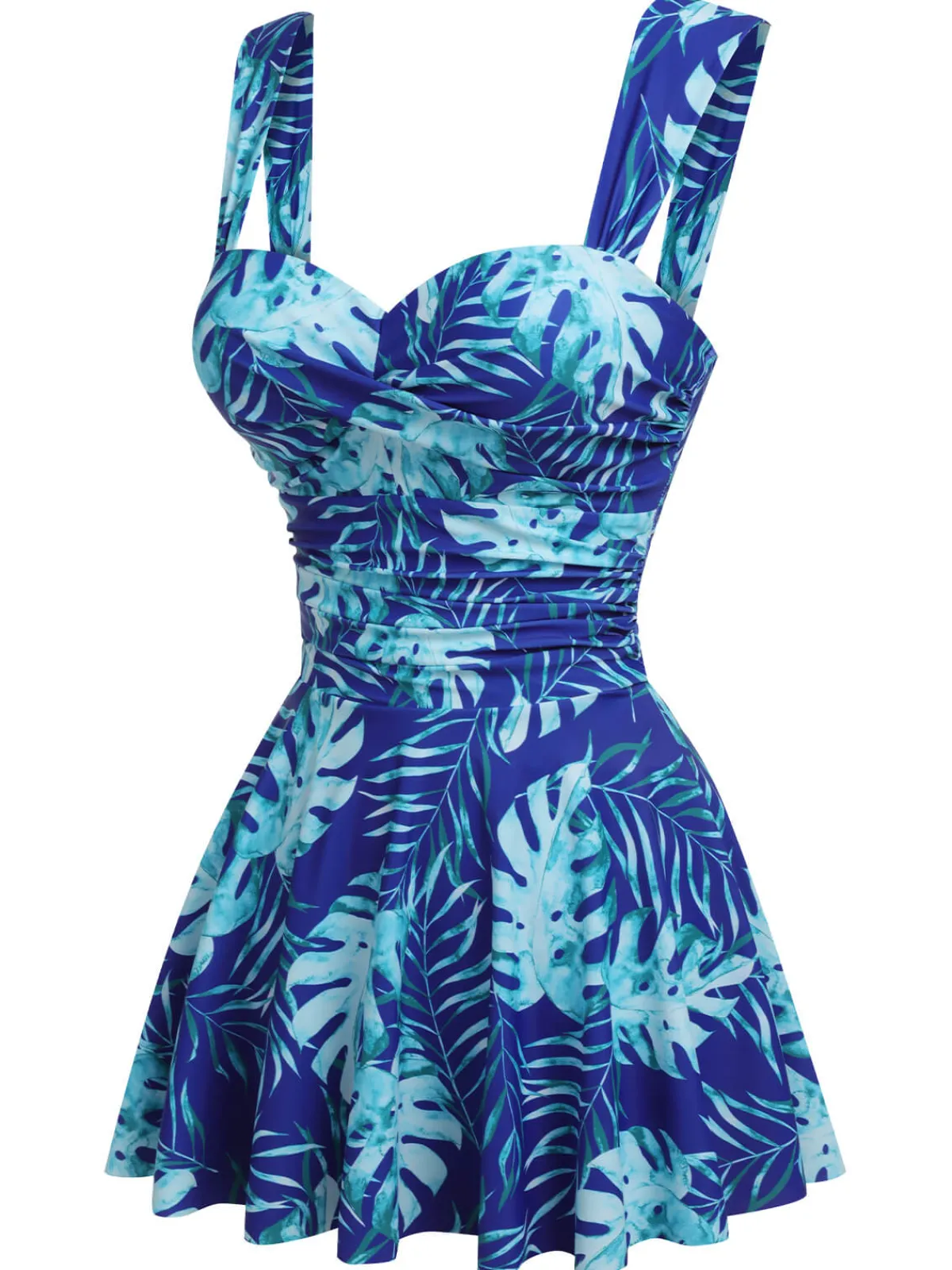 New Retro Stage 1960s Tropical Plants Swimsuit Set Royal Blue