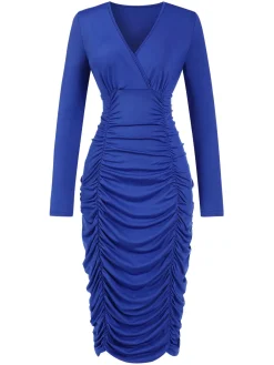 Clearance Retro Stage 1960s V-Neck Pleated Dress Royal Blue